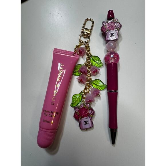 Handmade Accessories - Handmade Blush Garden Luxe Set Pink Floral Charm + Matching Beaded Pen Bundle